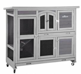 Air06 Wood Rabbit Hutch Bunny Cage with Wheel, Two Layer Guinea Pig House for Outdoors & Indoors