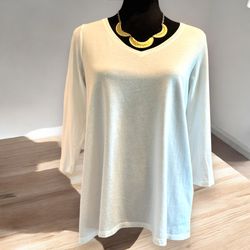 J. Jill Small White Tunic High Low 3/4 Sleeve Eyelet Pleated Accent Boho Casual