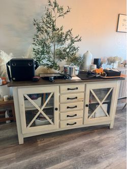 Farmhouse Buffet Cabinet with Glass Doors & Storage Drawers