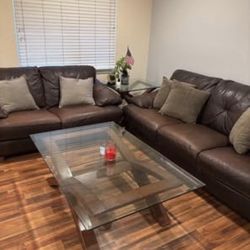 Leather Couches And Glass Table Set