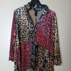 Ali Miles Womens Boho Leopard Print Tunic Top Size XL Knit Long Lagenlook Artsy