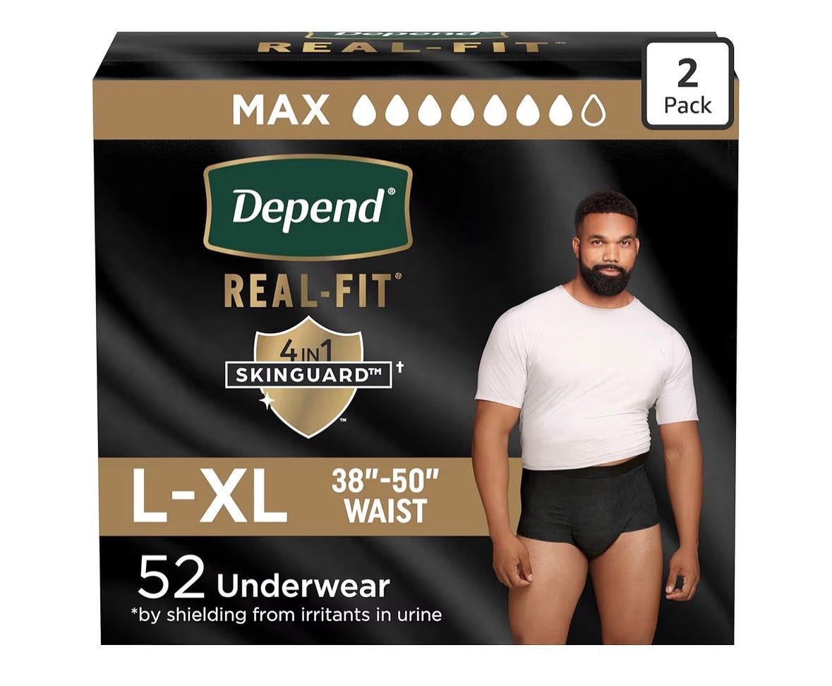 Depend Real Fit Adult Diapers, Incontinence Underwear for Men, Disposable, Maximum Absorbency, Large/Extra Large, Black, 52 Count