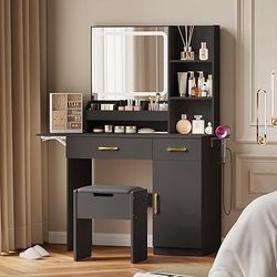 Dowinx Vanity Desk with Mirror and Light, Makeup Vanity with Power Outlet & Storage Stool, Vanity T