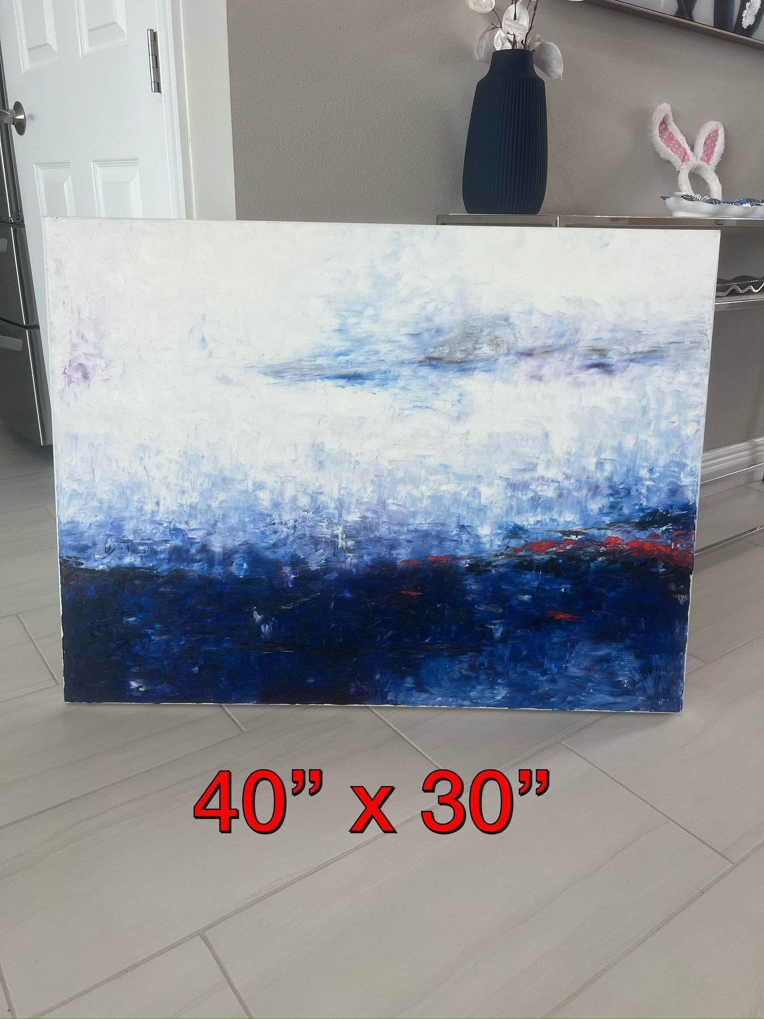 Large canvas abstract painting, signed by artist blue