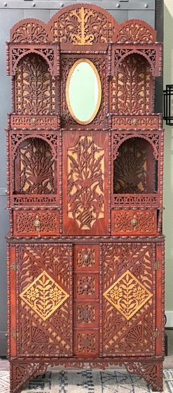 Vintage Hand-Carved Wooden Wall Cabinet with Mirror & Shelves