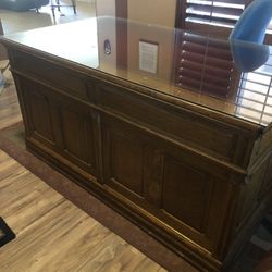 Antique Oak Panel Desk, Has Leather Top With Glass Desk Cover