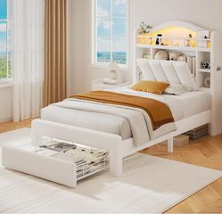 Jocoevol Twin Size Bed Frame with LED Storage Headboard & 2 Storage Drawers, Velvet Upholstered Bed with Vertical Tufted Headboard Design, USB & Type-