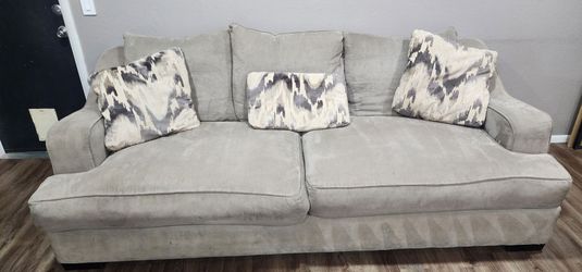 sofa and love seat set, gray, with accent pillows