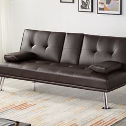 Sofa, Futon, Sofa Bed, W Cupholders And Pillows, Espresso, Faux Leather