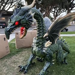 GIANT 69 Inch Long Halloween Animated Green Dragon -  LED Red Eyes - Growling Sounds - Motion Activated - Can Attach Fog Machine - Great Condition