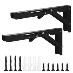 2 Pcs Folding Shelf Brackets, Heavy Duty Collapsible Shelves Brackets, Black Metal Floating Shelf Bracket Hardware, Foldable Shelf Hinge Bracket Wall 