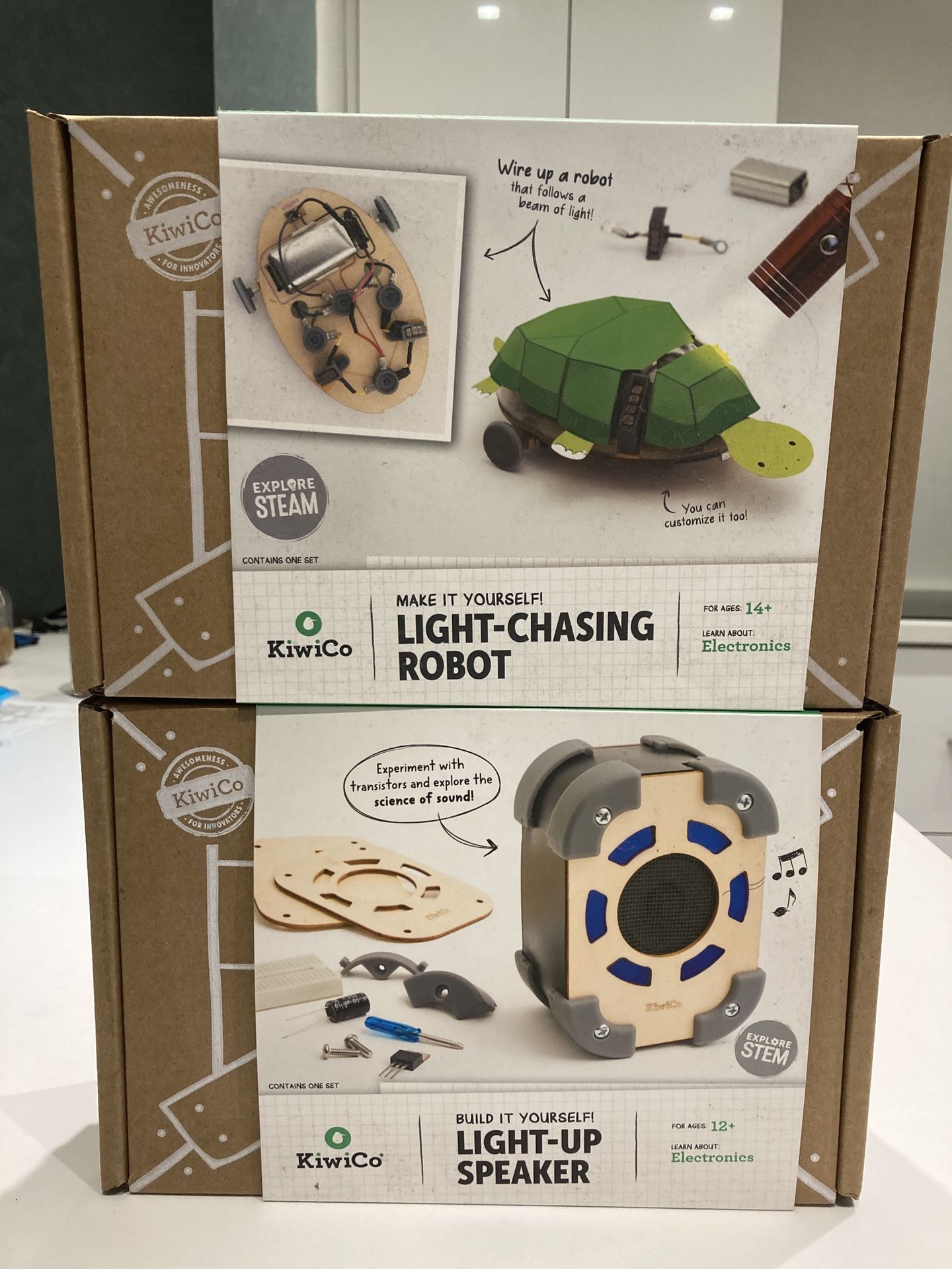 KiwiCo Light-Up Speaker & Light-Chasing Robot build it yourself for ages: 12+ & 14+ (two Items for $40)