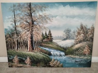 Large Oil Painting Nature Waterfall Size 48 by 36 inches.