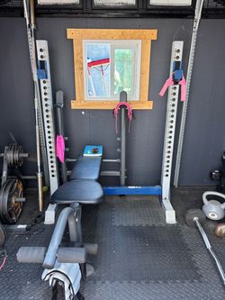 Squat rack / bar, adjustable weight bench, stationary bike