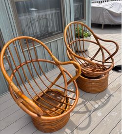 Pair of Vintage Mid Century Rattan Swivel Rocking Chairs