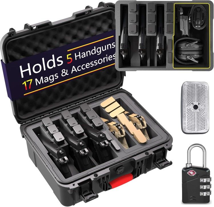 Gun Case for 5 Handguns & 17 Magazines | TSA-Approved, Pre-Cut, Heavy Duty, Waterproof