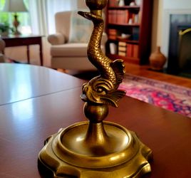 Vintage brass lamp featuring an ornate dolphin/Fish base, Classic Pleated Shade