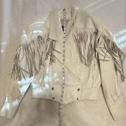 Vintage Verducci White Leather Motorcycle Jacket Fringe Silver Snaps and Chaps