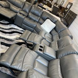 New Year Clearance Sale. Madrid Gray Leather Reclining Sectional Now $1299. Easy Finance Option. Fast Delivery.