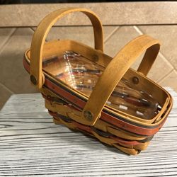 Vintage 1996 Slanted Blue & Red Basket with Double Handles & Plastic Liner