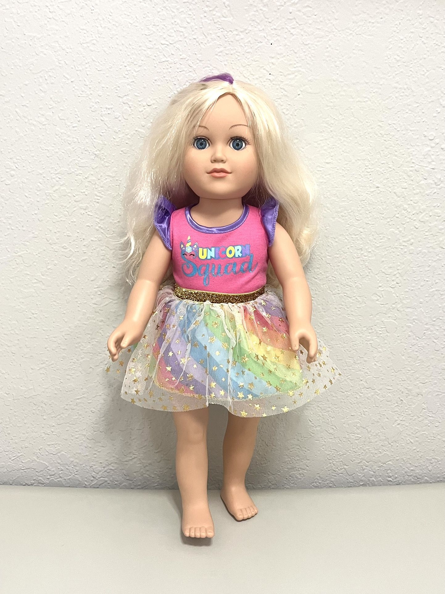 My Life As Poseable Unicorn Trainer 18" Blond Hair Doll-Purple Streak Blue Eyes