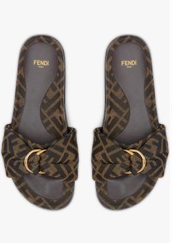 FENDI FEEL KNOTTED BLACK BROWN FF MONOGRAM JACQUARD LEATHER SLIDE SANDAL SZ 36.5