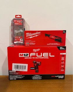 Milwaukee M12 Fuel Surge Impact Driver and 3/4”Ratchet w/ 15 Piece Set, (2) 2.0Ah Batteries & Bag