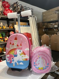 Pink Unicorn Kids Ride-On Scooter Carry-On Luggage Set with Matching Backpack