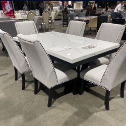 7Pc Marble Dining Table With 6 Grey Fabric Dining Chairs