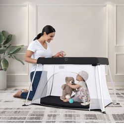 Portable Travel Crib for Baby, 2 in 1 Folding Baby Travel Cribs and Playards with Mattress, Lightweight Playpen for Toddlers with Carry Bag, 