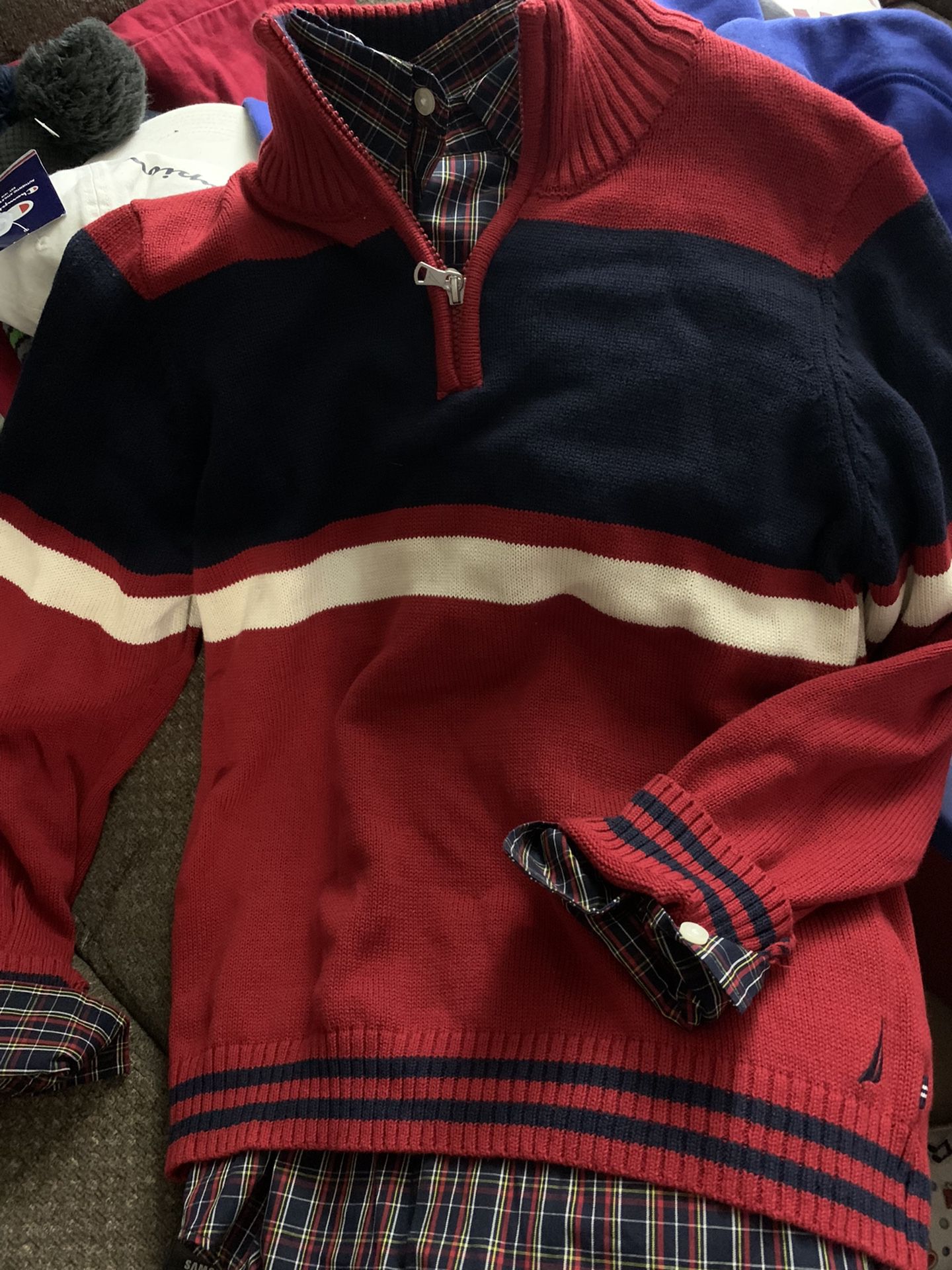 New Boys Size L 14-16 Nautica Plaid Button up shirt and Pull Over Sweater