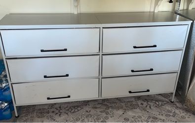 6-Fabric Drawer White Dresser with Black Handles