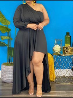 Plus Size One Shoulder Maxi Dress Long Sleeve High Low Irregular Hem Flowy Long