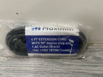 Maximm 4 FT EXTENSION CORD WITH 90° degree plug and 1 AC Outlet (Black) 15A/ 125V/ 1875W (14AWG (New)