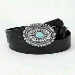 Boho Women's Belt With Vintage Silver Carved Flower & Monk Buckle