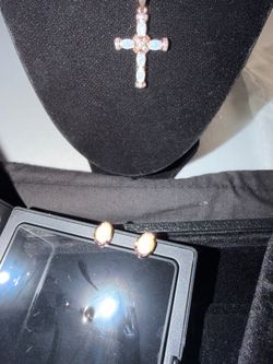 Opal mirage and Diamond Accent Cross Pendant Necklace and Stud Earrings Set