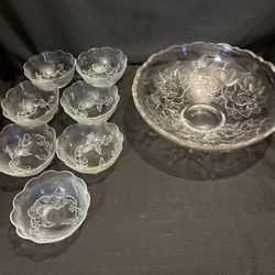 Vintage  "Winter Rose" clear glass bowls & 7 glass fruit bowls