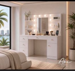 Vanity desk with mirror and lights and drawers NEW K-45