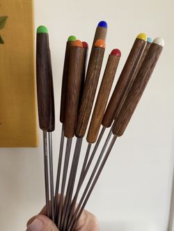 12 MCM Vintage Stainless Steel Fondue Forks set Cue Ball Colors Wood Handle