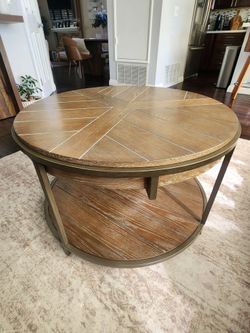 Round Wood Coffee Table with Storage Shelf