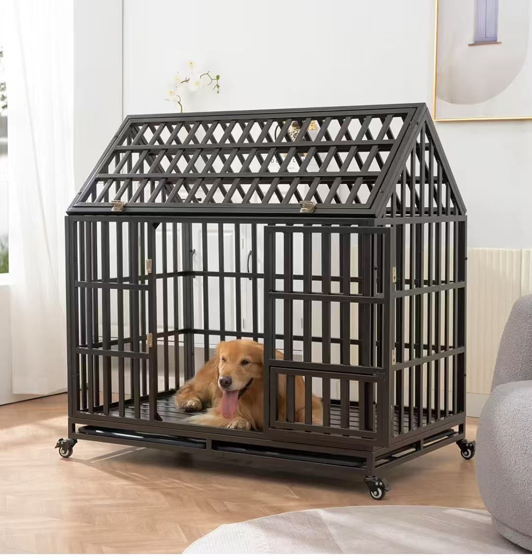 48 inch Heavy Duty Indestructible Dog Crate with Wheels and Trays
