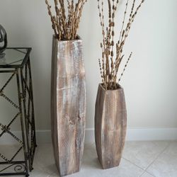 Set of 2 Coastal Farmhouse Whitewash Wood Floor Vases