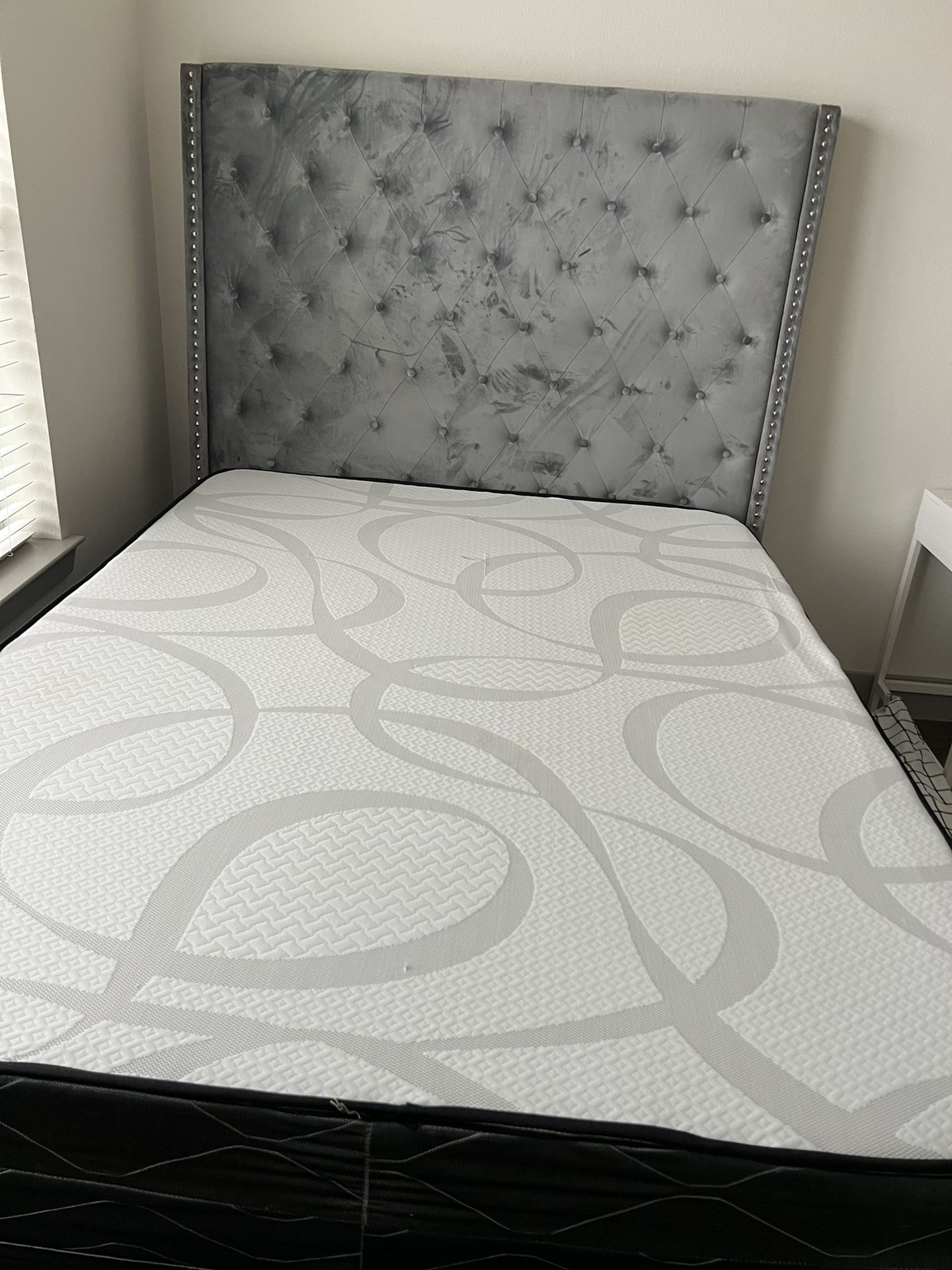 queen size bed frame , mattress and box spring