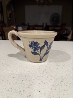Vintage 1998 Williamsburg Pottery Factory WPF Stoneware Mug Cobalt Blue Floral Salt Glaze USA