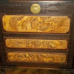 Antique Chinese hand carved top chest with two bottom drawers