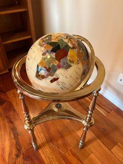 Large 36” Gemstone World Globe – Pearl Ocean, Gold Stand & Compass