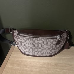 COACH Warren Belt/Bum Bag In Jacquard Print With Leather Accents And Adjustable Fabric Strap With Silver Buckle 