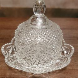 Vintage Avon Fostoria Diamond Cut Glass Dome Cover Butter Cheese Dish Circa 1970