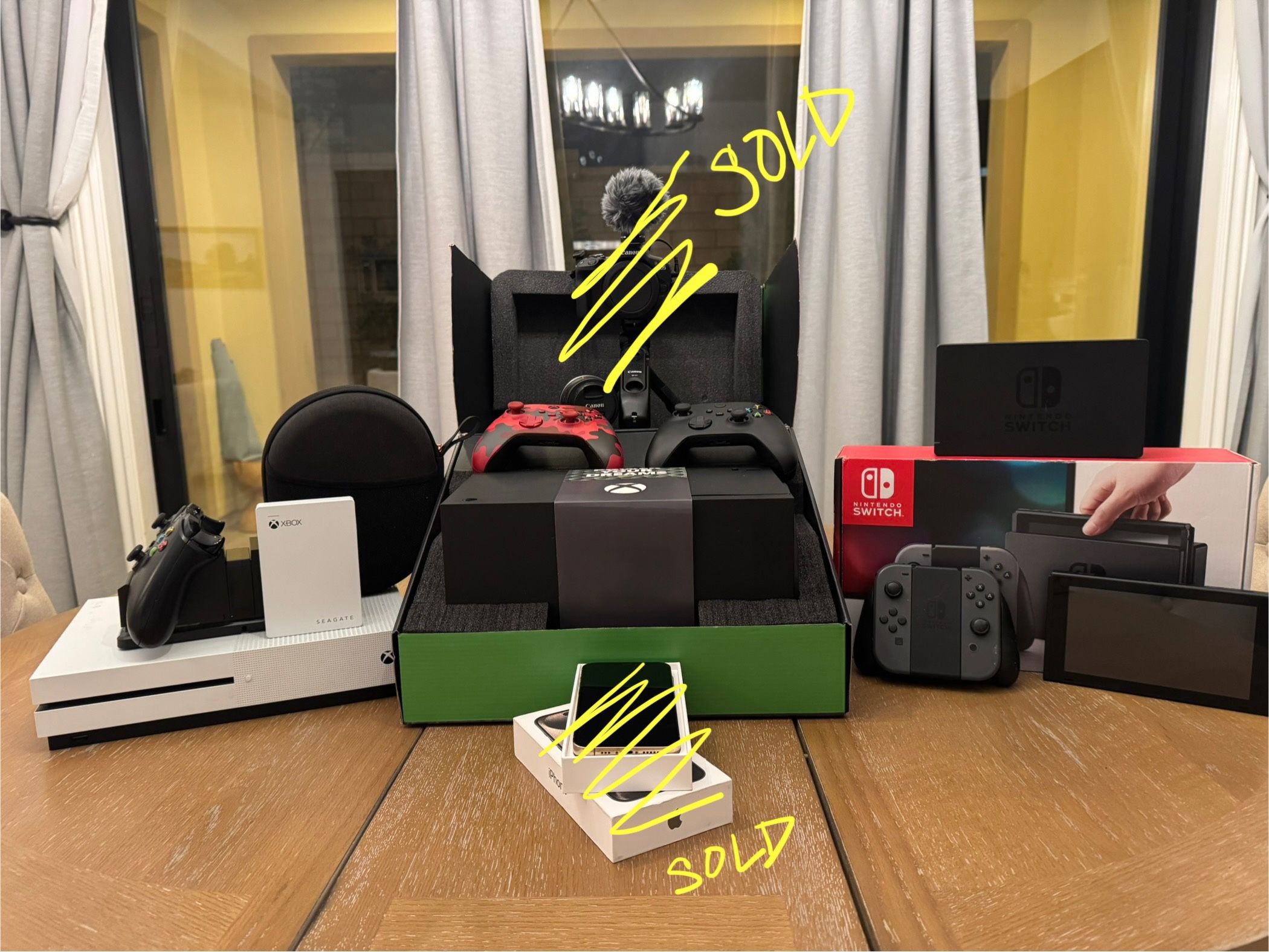 Xbox, Camera, Nintendo Switch, iPhone, Hard Drive