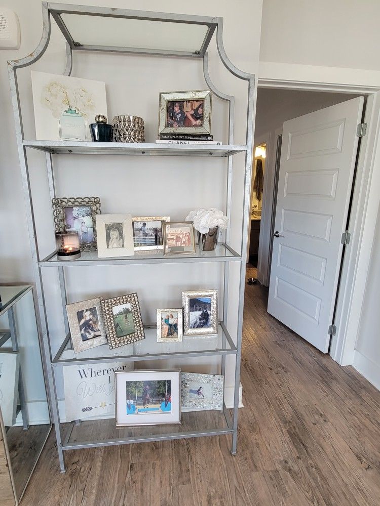 Silver bookcase with glass shelves